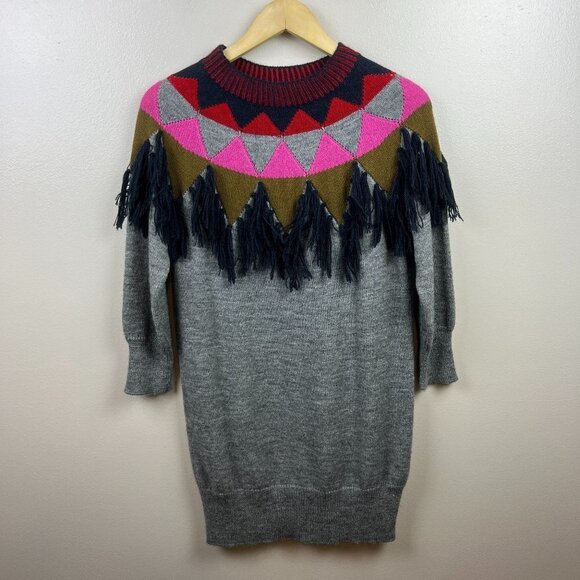 Vanessa Bruno Athe Fringe Sweater Dress Size Small Gray Alpaca Wool Fair Isle - Picture 1 of 7